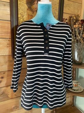 Ralph Lauren Black & White Striped Long Sleeve Henley Top